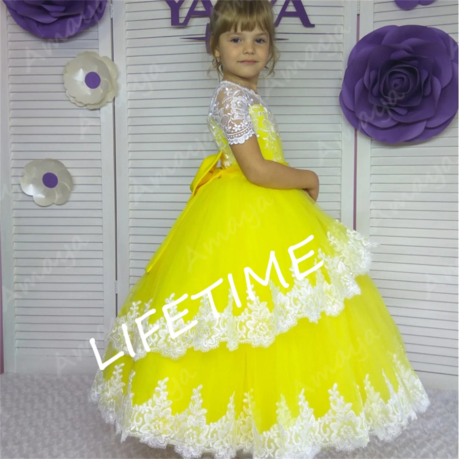 El amarillo de las Muchachas de Flor Vestidos de Boda Apliques de Encaje Desfile de Comunión Cumpleaños Vestidos de Mangas Cortas Vestido de Niña Imagen 0