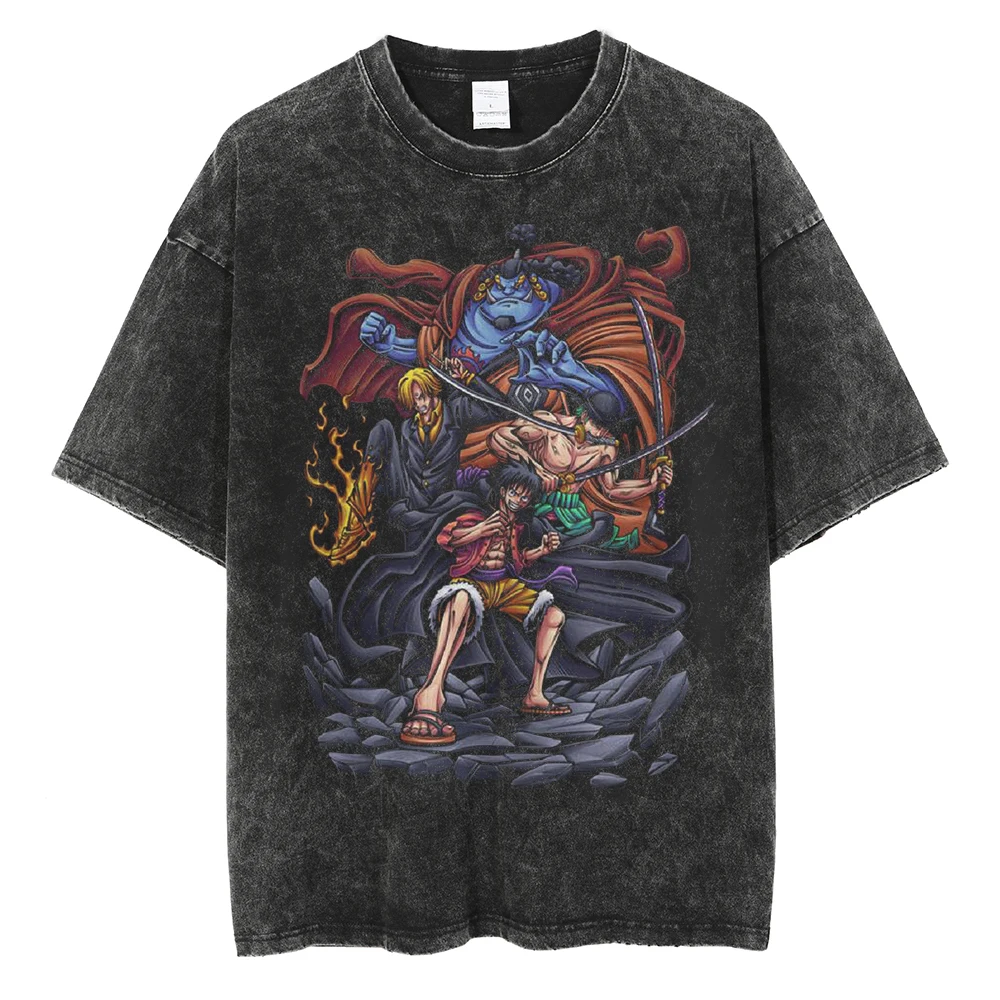 Harajuku Streetwear Hombres Vintage Camiseta de Anime Japonés ONE PIECE Impresión Casual Lavado Negro T-Shirt de Verano de gran tamaño Tops Camisetas Imagen 0