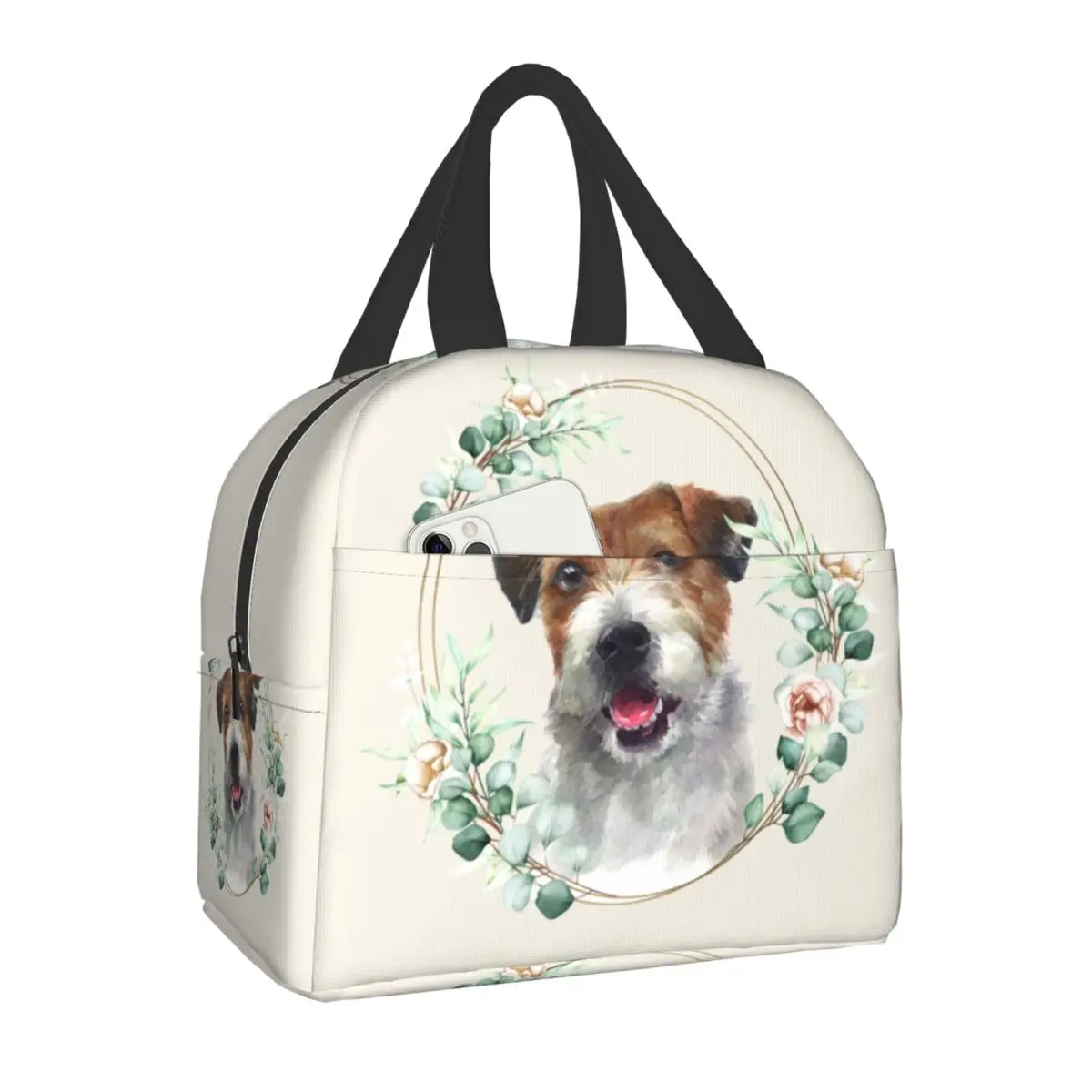 Jack Russell Terrier Perro En Floral Aislado de la Bolsa de Almuerzo para las Mujeres se puede utilizar muchas veces Amante de los animales Enfriador Térmico de la Caja de Almuerzo de Picnic Bolsas de Viaje Imagen 0
