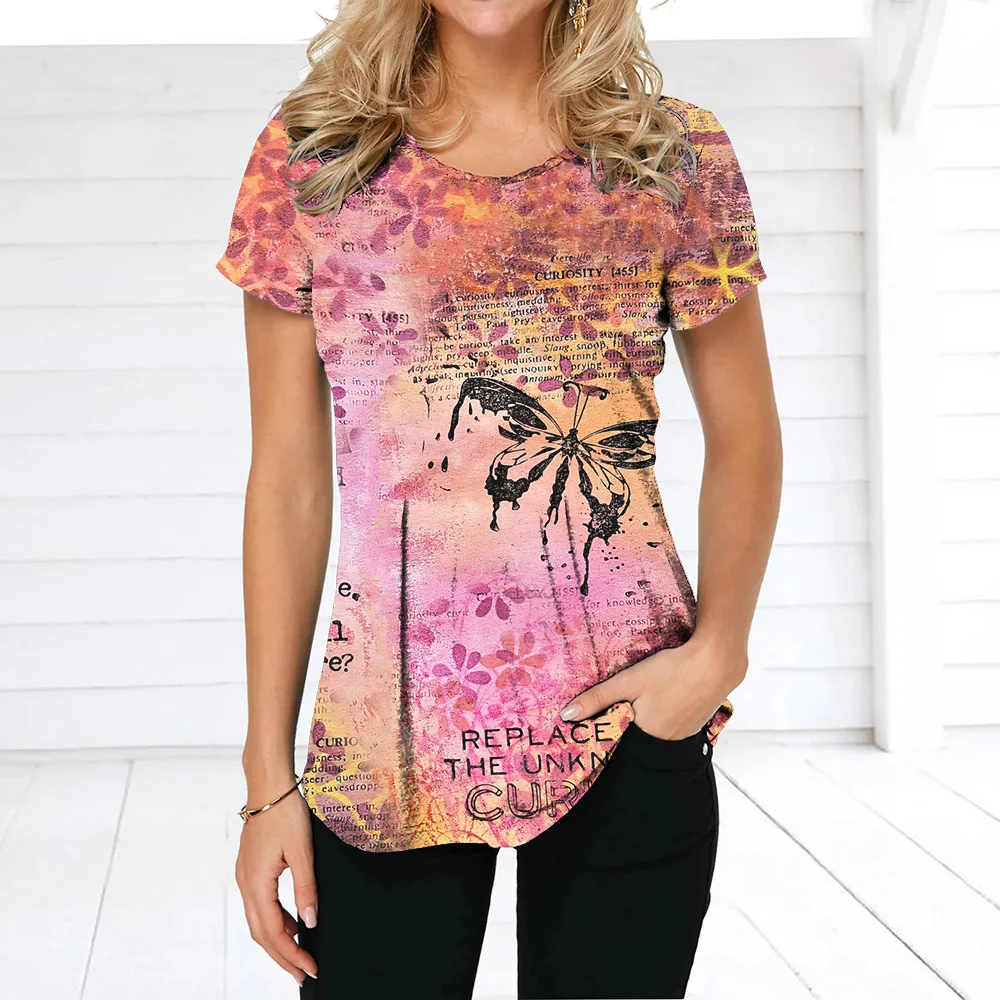 Verano de las Mujeres del o-Cuello de la Camiseta 3D Multi-color de Impresión de la Mariposa de la Calle de la Moda Femenina de Camisetas de gran tamaño Cómodo Jersey de Blusa Imagen 0