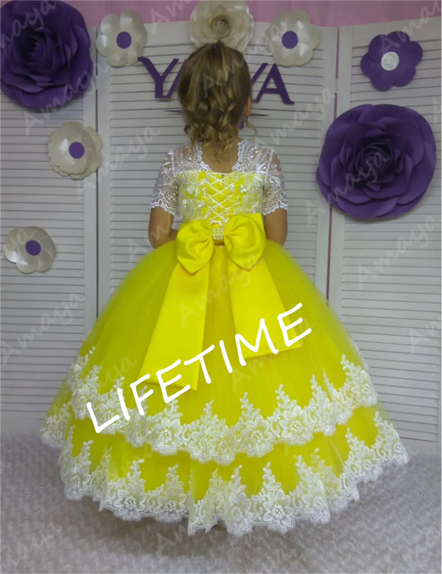 El amarillo de las Muchachas de Flor Vestidos de Boda Apliques de Encaje Desfile de Comunión Cumpleaños Vestidos de Mangas Cortas Vestido de Niña Imagen 1