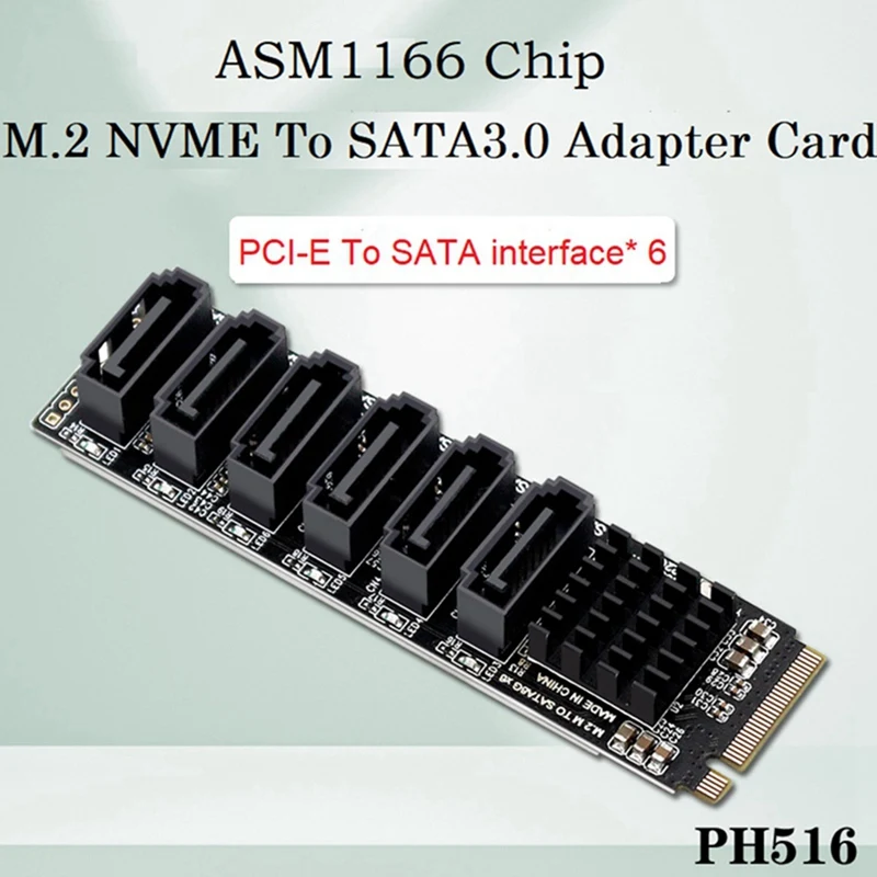 M. 2 MKEY PCI-E Tarjeta Vertical de PCIE del Adaptador de Tarjeta M. 2 NVME A SATA3.0 PCIE SATA 6Gpbsx6-Puerto de la Tarjeta de Expansión ASM1166 Imagen 1