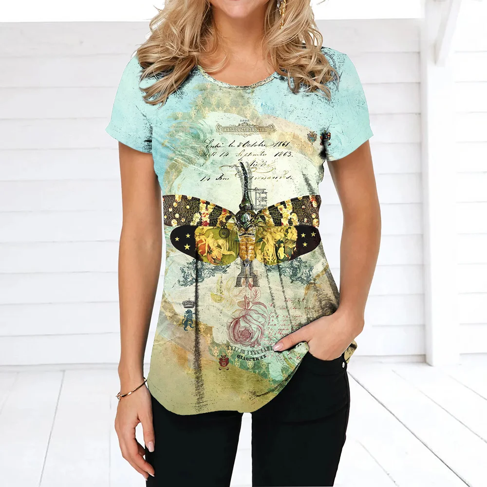 Verano de las Mujeres del o-Cuello de la Camiseta 3D Multi-color de Impresión de la Mariposa de la Calle de la Moda Femenina de Camisetas de gran tamaño Cómodo Jersey de Blusa Imagen 1