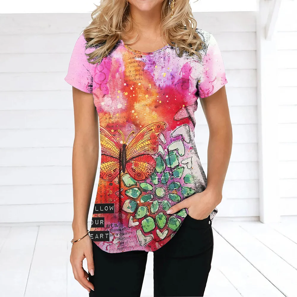 Verano de las Mujeres del o-Cuello de la Camiseta 3D Multi-color de Impresión de la Mariposa de la Calle de la Moda Femenina de Camisetas de gran tamaño Cómodo Jersey de Blusa Imagen 2