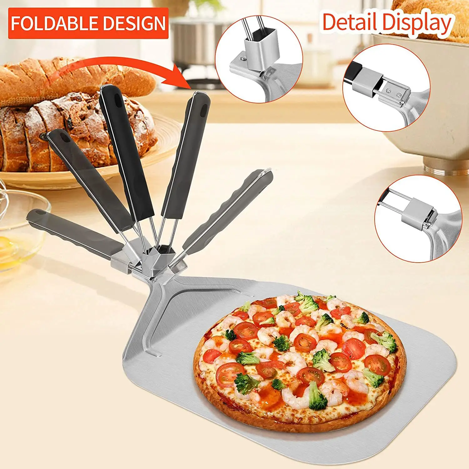 Plegable de Aluminio de la Pizza de la Cáscara para Pizza de Piedra Profesional,Uso en el Hogar de la Pizza de la Pala para Hornear la Pizza y Pastel en el Horno y Parrilla Imagen 3