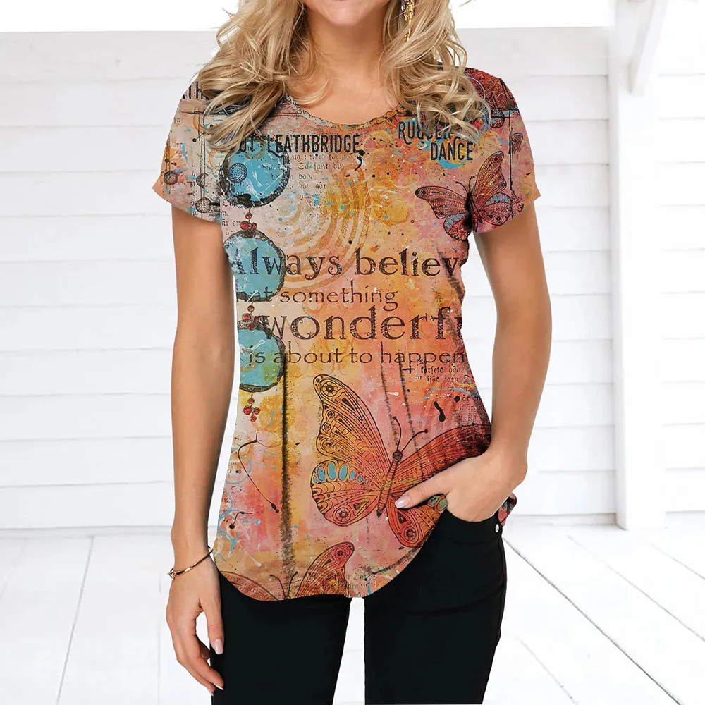 Verano de las Mujeres del o-Cuello de la Camiseta 3D Multi-color de Impresión de la Mariposa de la Calle de la Moda Femenina de Camisetas de gran tamaño Cómodo Jersey de Blusa Imagen 3