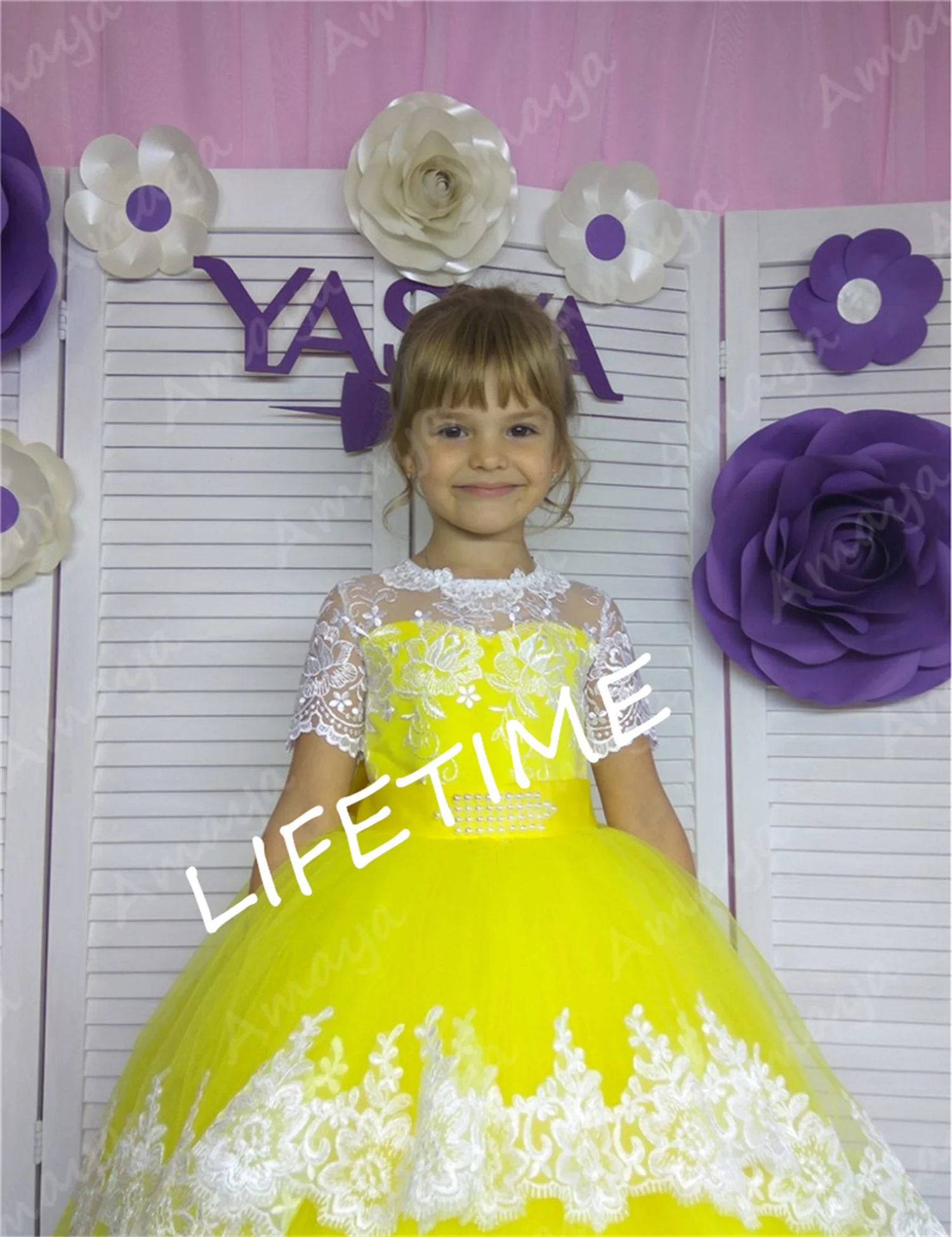 El amarillo de las Muchachas de Flor Vestidos de Boda Apliques de Encaje Desfile de Comunión Cumpleaños Vestidos de Mangas Cortas Vestido de Niña Imagen 4