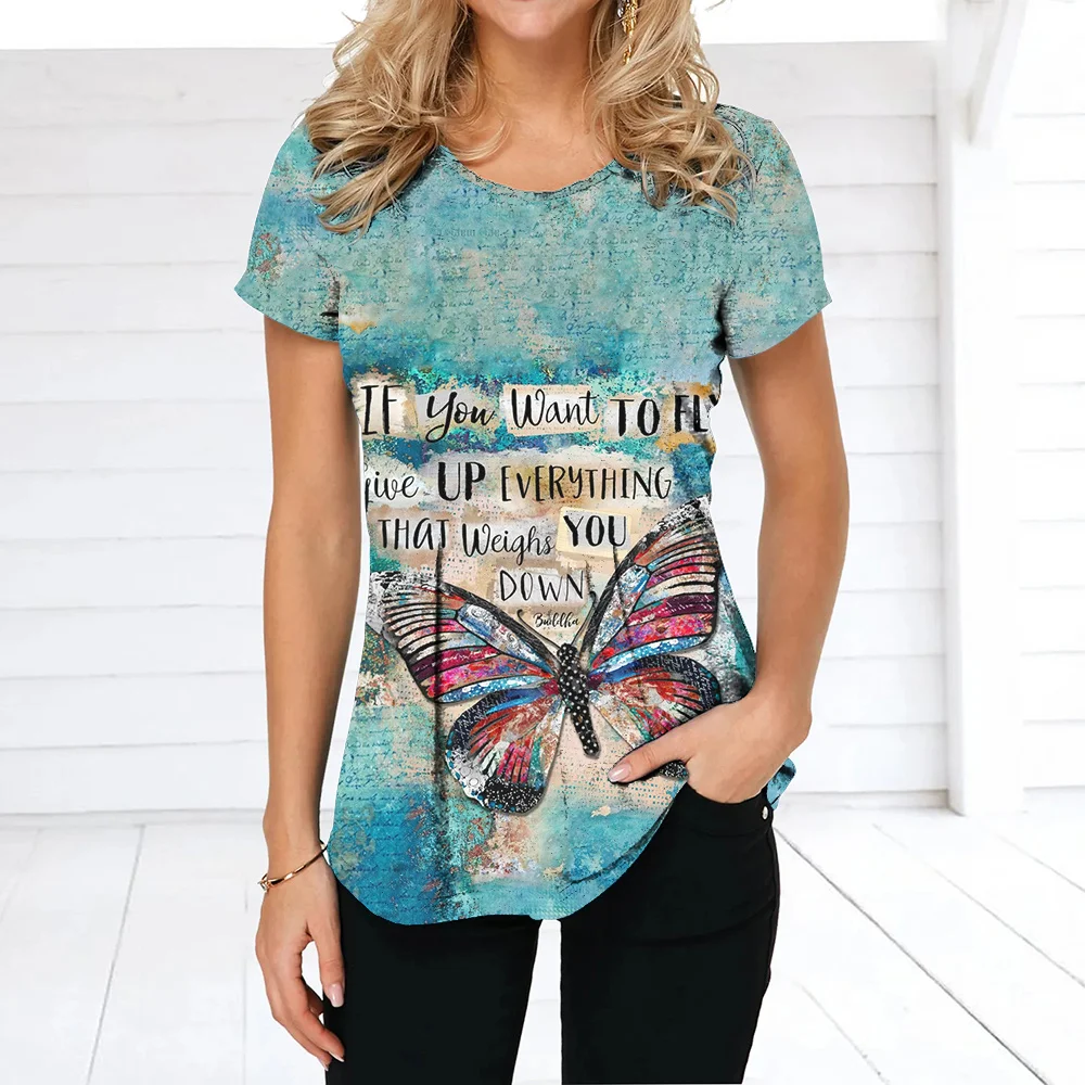 Verano de las Mujeres del o-Cuello de la Camiseta 3D Multi-color de Impresión de la Mariposa de la Calle de la Moda Femenina de Camisetas de gran tamaño Cómodo Jersey de Blusa Imagen 4