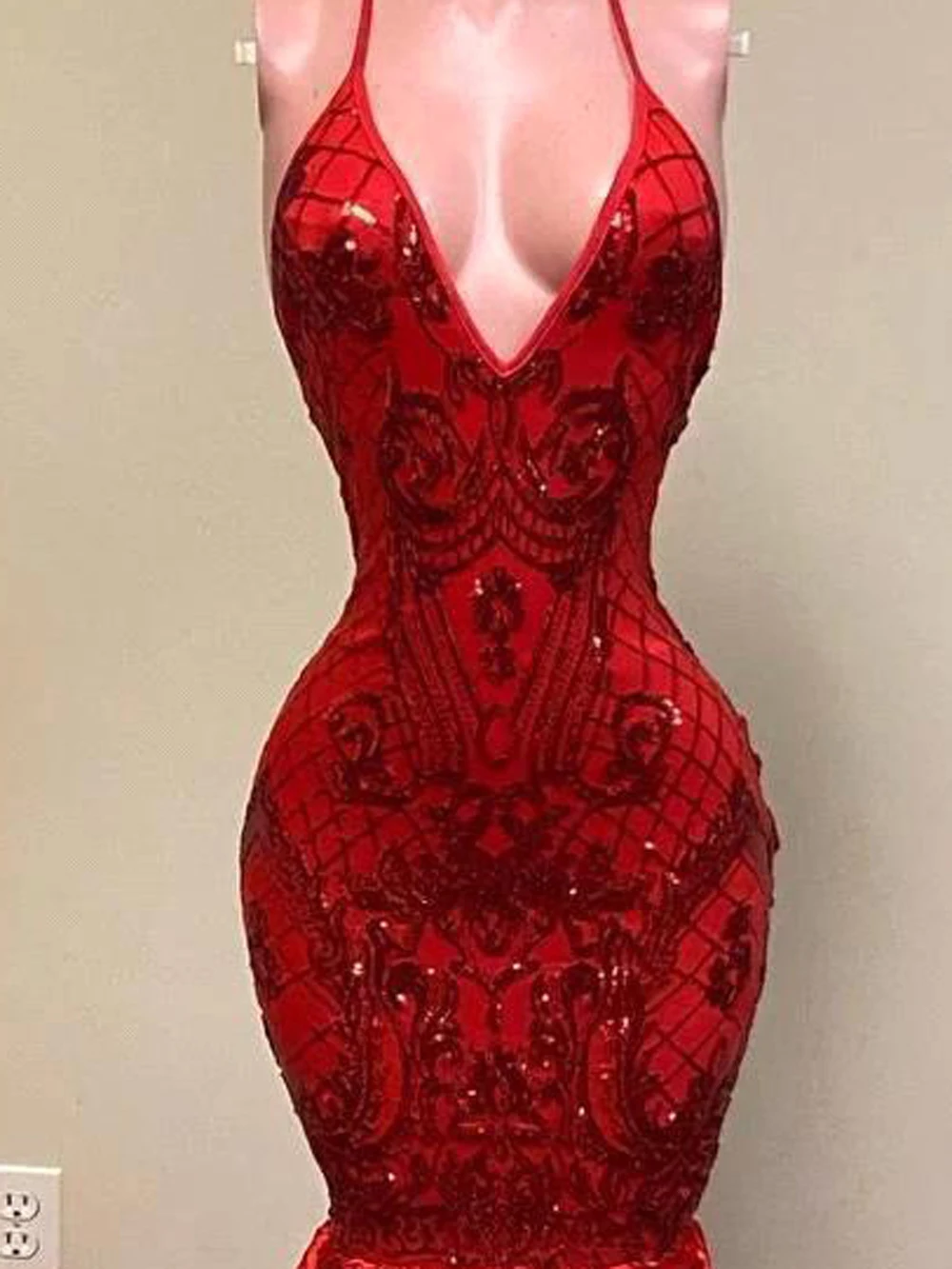Última Sexy Rojo Sin Respaldo Vestidos De Noche Para Las Mujeres 2023 Halter De La Llamarada De Flores Apliques De Lentejuelas Vestido De Gala Formal Traje De Gala Imagen 4